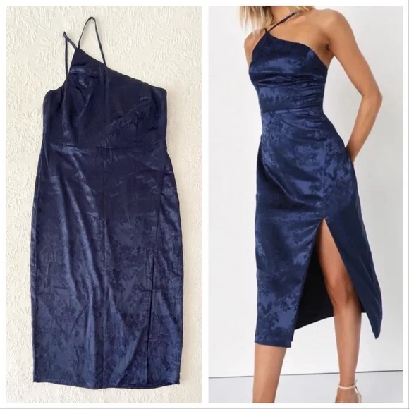 desirable dream navy blue satin jacquard halter neck midi dress Sheath-Column Maxi Stretch Satin Elegant Prom Dresses COCOMELODY CS1046, Dark Champagne